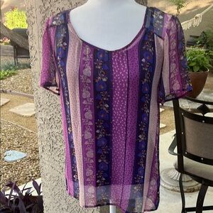Floral Striped Sheer Top - Purple and Blue